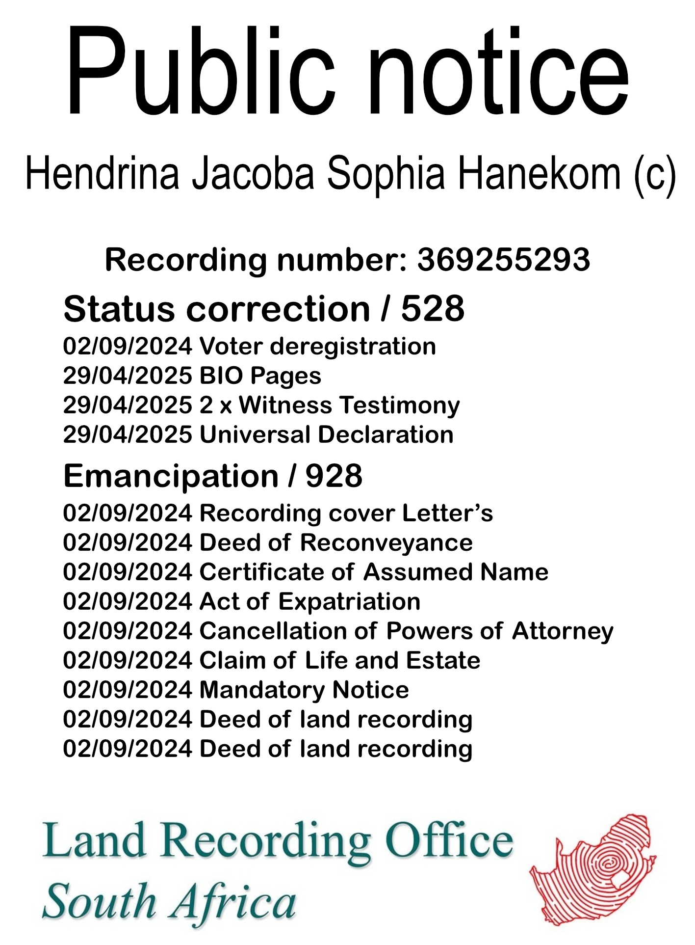 Public notice Hendrina Jacoba Sophia Hanekom Recording number 369255293